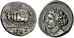 The M.L. Collection of Coins of Magna Graecia and Sicily Syracuse Decadrachm unsigned work by Kimon circa 404-400, AR 43.20 g. Quadriga at speed with prancing horses driven l. by female charioteer lea