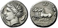 The M.L. Collection of Coins of Magna Graecia and Sicily Syracuse Tetradrachm circa 310-305, AR 16.85 g. Head of Persephone l., wearing barley wreath, triple-pendant earring and necklace; beneath neck
