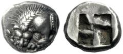 The J. FALM Collection: Miniature Masterpieces of Greek Coinage depicting Animals Gaul, Massalia Obol circa 495-470, AR 0.93 g. Forepart of lion l., tearing stag’s leg. Rev. Quadripartite incuse squar