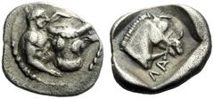 The J. FALM Collection: Miniature Masterpieces of Greek Coinage depicting Animals Thessaly, Larissa Obol late 2nd quarter of 5th cent., AR 1.01 g. Head of bull facing; behind, to l., half figure of he