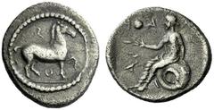 The J. FALM Collection: Miniature Masterpieces of Greek Coinage depicting Animals Thessaly, Larissa Obol circa 400, AR 1.01 g. S reverted Horse trotting r.; between its legs, OΣ. Rev. Λ – A – P retrog