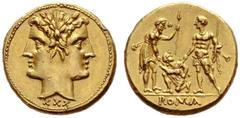The Collection of Roman Republican Coins of a Student and his Mentor Part III 30 asses circa 217-215, AV 4.48 g. Laureate Janiform head of the Dioscuri; below, XXX. Rev. Oath taking scene with two war