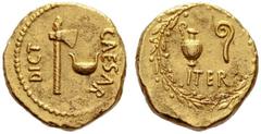 The Collection of Roman Republican Coins of a Student and his Mentor Part III Julius Caesar. Aureus, mint moving with Caesar in the East 48-47 BC, AV 8.03 g. CAESAR – DICT Axe and culullus . Rev. ITER