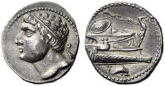 Greek Coins Iberia, Carthago Nova Hispano-Carthaginian issues . Shekel 237-209, AR 7.36 g. Diademed male head (Hasdrubal ?) l. Rev. Prow of galley r., with shield on deck and a wreathed forepost endin