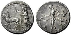 Greek Coins Selinus Tetradrachm circa 440, AR 17.44 g. ΣEΛ – IN – ONT – IOΣ Slow quadriga l. in which stand Apollo and Artemis, respectively shooting arrow and holding reins. Rev. ΣEΛIN – OΣ The river