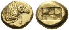 Greek Coins Asia Minor, uncertain mint possibly in Ionia Stater circa 500-480, EL 13.97 g. Forepart of ram r. Rev. Rectangular incuse punch. Triton sale VI, 2003, 202 (this obverse die). Triton sale X