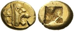 Greek Coins Asia Minor, uncertain mint possibly in Ionia Stater circa 500, EL 14.07 g. Lion’s head r. with dotted collar; behind, two raised squares. Rev. Quadripartite punch with uneven surface. Of t