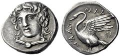 Greek Coins Clazomenae Drachm circa 360, AR 4.05 g. Laureate head of Apollo facing three-quarters l., wearing chlamys secured by round brooch. Rev. AΠ – OΛΛA – Σ Swan standing l., with open wings; bel