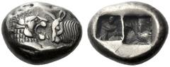 Greek Coins Kings of Lydia, Croesus circa 561-546 and later issues Half stater, Sardis circa 561-546, AR 5.36 g. Confronted foreparts of lion, with extended r. foreleg, and bull. Rev. Bipartite rectan