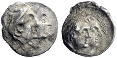 Greek Coins The Coinage of Judah Under Ptolemy II. Hemiobol 285-246, AR 0.46 g. Jugate head of Ptolemy I and Berenice I r. Rev. Jugate busts of Ptolemy II and Arsinoe II r.; in r. field, yhd . TJC 35.