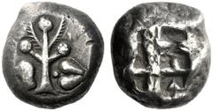 Greek Coins Cyrene Tetradrachm circa 570-520, AR 17.06 g. Silphium plant; at sides, to l., bird’s head l. and, to r., silphium fruit with dot. BMC p. xx, 2c (this coin) and pl. I, 11. Babelon 1985, pl