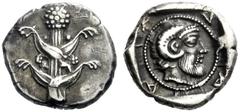 Greek Coins Cyrene Drachm circa 480-435, AR 3.49 g. Silphium plant with four leaves. Rev. K – V – P A Head of Zeus Ammon r. inside a dotted circle; all within incuse square. SNG Copenhagen 1177. Bosto