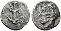 Greek Coins Cyrene Tetradrachm circa 435-375, AR 12.02 g. Silphium plant with four leaves. Rev. NIKIOS Head of Zeus Ammon l. BMC pl. X, 10b. Extremely rare. Somewhat corroded, otherwise good very fine