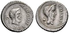 Roman Republican Coins Marcus Antonius. Denarius, Gallia Cisalpina 43, AR 3.75 g. M ANTON IMP R P C Bearded head of Mark Antony r.; behind, lituus . Rev. CAESAR DIC Laureate head of Caesar r.; behind,