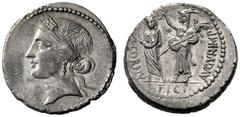 Roman Republican Coins Q. Cornuficius. Denarius, Africa 42, AR 3.83 g. Head of Tanit l. Rev. Q·CORNV – FICI – AVGVR·IMP Q. Cornuficius standing l., wearing veil and holding lituus , crowned by Juno So
