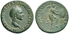 The Roman Empire Vespasian, 69 – 79 Sestertius 71, Æ 27.58 g. IMP CAESAR VESPASIANVS AVG P M TR P Laureate head r. Rev. VICTORIA AVGVS – TI S – C Victory standing r., l. foot on helmet, inscribing OB 