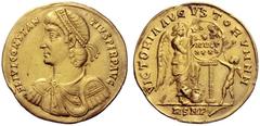 The Roman Empire Constantius II augustus, 337 – 361 Medallion of 3 solidi 355-361, AV 13.40 g. FL IVL CONSTAN – TIVS PERP AVG Pearl-diademed, draped and cuirassed bust l. Rev. VICTORIA AVGVSTORVM N N 