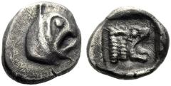 Greek Coins Gaul, Massalia Obol circa 470-460, AR 0.87 g. Griffin head r. Rev. Lion’s head r. within partially incuse square. Auriol 7ff and pl. 40, 7. Old cabinet tone and good very fine