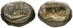 Greek Coins Kings of Lydia, Time of Croesus, 561-546 or later Double siglos, Sardes circa 550-520, AR 10.45 g. Confronted foreparts of lion, with extended r. foreleg, and bull. Rev. Bipartite incuse s
