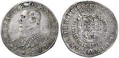 Mirandola Alessandro I Pico 1602-1637. Scudo da 56 bolognini 1618, AR 26,15 g. ALEXANDER DVX MIRANDVLÆ I Busto corazzato a s. con mascherone sulla lorica; sotto, sigla G A R; ai lati 16 – 18 e in bass