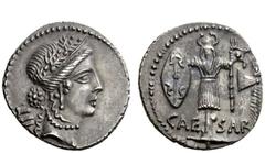 Imperatorial Issues Julius Caesar . Denarius, Illyria (Apollonia ?) early to mid 48, AR 3.74 g. Head of Venus facing r., behind, T(upside down)II. Rev. CAE – SAR Trophy holding Gallic shield and carny