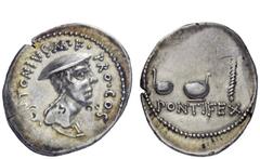 Imperatorial Issues Caius Antonius. Denarius, mint moving with Caius Antonius January-March 43, AR 3.70 g. [C A]NTONIVS·M·F·PRO·COS Draped bust of genius of Macedonia r., wearing causia . Rev. Priestl