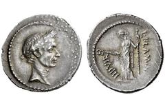 Imperatorial Issues L. Flaminius Chilo. Denarius 41, AR 3.90 g. Laureate head of Julius Caesar r. Rev. L·FLAMINIVS – III VIR Goddess (Venus ?) standing facing l., l. hand raised holding sceptre and r.
