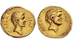 Imperatorial Issues Octavianus and Marcus Antonius. Aureus, mint moving with Octavian in Central or Southern Italy circa 40- 39, AV 7.90 g. CAESAR – IMP Bare head of Octavian r. Rev. ANTONIVS IMP Bare