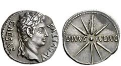 The Roman Empire ”DIVVS IVLIVS” Comet Issues Denarius, Caesaraugusta (?) circa 19-18 BC, AR 3.98 g. CAESAR – AVGVSTVS Oak-wreathed head r. Rev. DIVVS – IVLIVS Eight-rayed comet with tail upwards. C 98