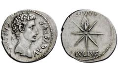 The Roman Empire ”DIVVS IVLIVS” Comet Issues Denarius, Spain, Caesaraugusta (?) circa 19-18 BC, AR 3.72 g. CAESAR – AVGVSTVS Oak-wreathed head r. Rev. DIVVS / IVLIVS Eight-rayed comet with tail upward