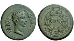 The Roman Empire OB CIVIS SERVATOS – CL V – SIGNIS RECEPTIS Sestertius, uncertain mint in Syria after 23 BC, Æ 25.98 g. IMP AVGVS[T] – TR POT Bare head r. Rev. CIVIS across field within linear border,