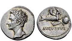 The Roman Empire Armenia Capta Issues Denarius, Colonia Patricia circa July 18-17/16, AR 3.91 g. Bare head l. Rev. Capricorn r., holding globe over rudder; above, cornucopiae. Below, AVGVSTVS. C 22. B