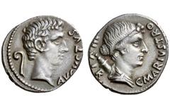 The Roman Empire Dynastic Issues of Augustus L. Marius C.f. Tromentina. Denarius 13 BC, AR 3.91 g. AVGVSTVS Bare head of Augustus r.; behind, lituus . Rev. C·MARIVS TRO – III – VIR Diademed and draped