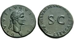 The Roman Empire Dynastic Issues of Augustus Divus Augustus. Sestertius 98 AD, Æ 27.67 g. DIVVS AVGVSTVS Laureate head r. Rev. IMP NERVA CAESAR AVGVSTVS REST around S C. C 570. BMC Nerva 149. RIC Nerv
