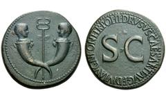 The Roman Empire In the name of Drusus, son of Tiberius Sestertius 22-23, Æ 27.42 g. Confronted heads of two little boys emerging from crossed cornucopiae with caduceus between. Rev. DRVSVS CAESAR TI 