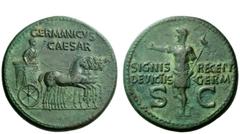The Roman Empire In the name of Germanicus, father of Gaius Dupondius 37-41, Æ 16.32 g. GERMANICVS / CAESAR Germanicus, bareheaded and cloaked, standing in ornamented slow quadriga r., holding eagle-t