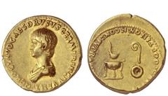 The Roman Empire Nero caesar, 50 – 54 Aureus 50-54, AV 7.72 g. NERO CLAVD CAES DRVSVS GERM PRINC IVVENT Bareheaded and draped bust of Nero l. Rev. [SACE]RD COOPT IN OMN CONL SVPR[A NVM EX S C] Simpulu