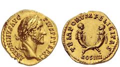 The Roman Empire Antoninus Pius augustus, 138 – 161 Aureus 149, AV 7.24 g. ANTONINVS AVG – PIVS P P TRP XII Laureate head r. Rev. TEMPORVM FELICITAS Crossed cornucopiae surmounted by busts of little b