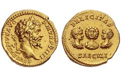 The Roman Empire Septimius Severus, 193 – 211 Aureus 201, AV 7.36 g. SEVERVS PIVS AVG – P M TR P VIIII Laureate head r. Rev. FELICITAS / SAECVLI Draped bust of Julia Domna facing, between, on l., laur