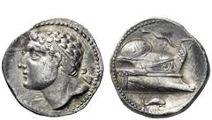 Greek Coins Iberia, Carthago Nova Hispano-Carthaginian issues. Shekel 237-209, AR 7.42 g. Diademed male head (Hasdrubal ?) l. Rev. Prow of galley r., with shield on deck and a wreathed fore post endin