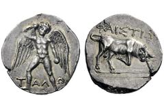 Greek Coins Phaestus Stater circa 300-270, AR 11.32 g. T – AL – WN Naked Talos, with spread wings, standing facing and holding stone in each hand. Rev. FAISTIWN Bull butting r. Svoronos, Créte, pl. XX