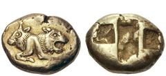 Greek Coins Kings of Lydia, Croesus Stater circa 520, EL 13.98 g. Foreparts of bull and lion crouching back to back. Rev. Rectangular incuse punch between two square incuse punches. Head, The Coinage 
