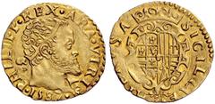 Monete di zecche italiane Napoli Filippo II di Spagna, 1554-1598. II periodo: re di Spagna e Napoli, 1556-1598. Scudo 1587, AV 3,37 g. PHILIP REX ARA VTRI Busto radiato a d., con drappeggio sulla spal