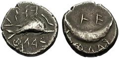 Greek Coins Calabria, Baletium No.: 12 Estimate: CHF 10000 d=15 mm Tetrobol circa 480-460, AR 2.54 g. BALEå – AS partially retrograde around dolphin r. Rev. Crescent; below, BALEå[AS] and above, I- E.