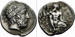 Greek Coins Naxos No.: 99 Estimate: CHF 80000 d=29 mm Tetradrachm, circa 415, AR 17.13 g. Bearded head of Dionysus r., hair bound with stephane adorned with ivy-wreath. Rev. Bearded, naked Silenus, wi