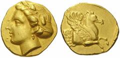Greek Coins Lampsacus No.: 178 Estimate: CHF 12000 d=19 mm Stater circa 330, EL 8.40 g. Female head l., wearing laurel of lotus flowers, hair caught up in saccos behind. Rev. Forepart of pegasus r. wi