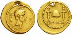 The Roman Republic M. Iunius Brutus with L. Plaetorius Caestianus. No.: 282 Estimate: CHF 60000 d=22 mm Aureus, mint moving with Brutus in Northern Greece circa 43-42, AV 7.84 g. BRVT IMP – L·PLAET·CE