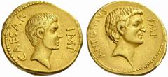 The Roman Republic Octavianus and Marcus Antonius. No.: 287 Estimate: CHF 20000 d=20 mm Aureus, mint moving with Octavian in South or Central Italy circa 40-39, AV 7.90 g. CAESAR – IMP Bare head of Oc