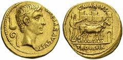 The Roman Empire Octavian as Augustus, 27 BC-14 AD No.: 298 Estimate: CHF 50000 d=21 mm C. Marius C.F. Tromentina. Aureus circa 13 BC, AV 8.10 g. CAESAR AVGVST Bare head r.; behind, lituus and simpulu