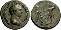 The Roman Empire Titus Caesar, 71-79 No.: 358 Estimate: CHF 35000 d=36 mm Sestertius circa 72, æ 26.22 g. T CAESAR VESPIAN IMP III PON TR POT II COS II Laureate and cuirassed bust r., wearing aegis on